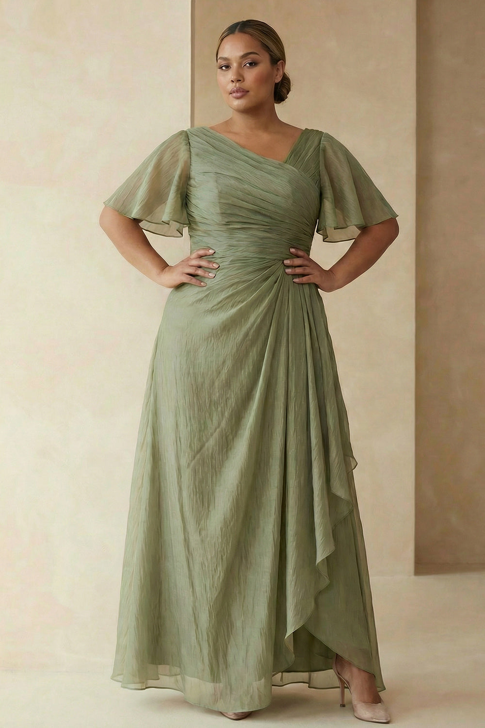 Dusty Sage A Line Long Wedding Guest Dress with Sleeves