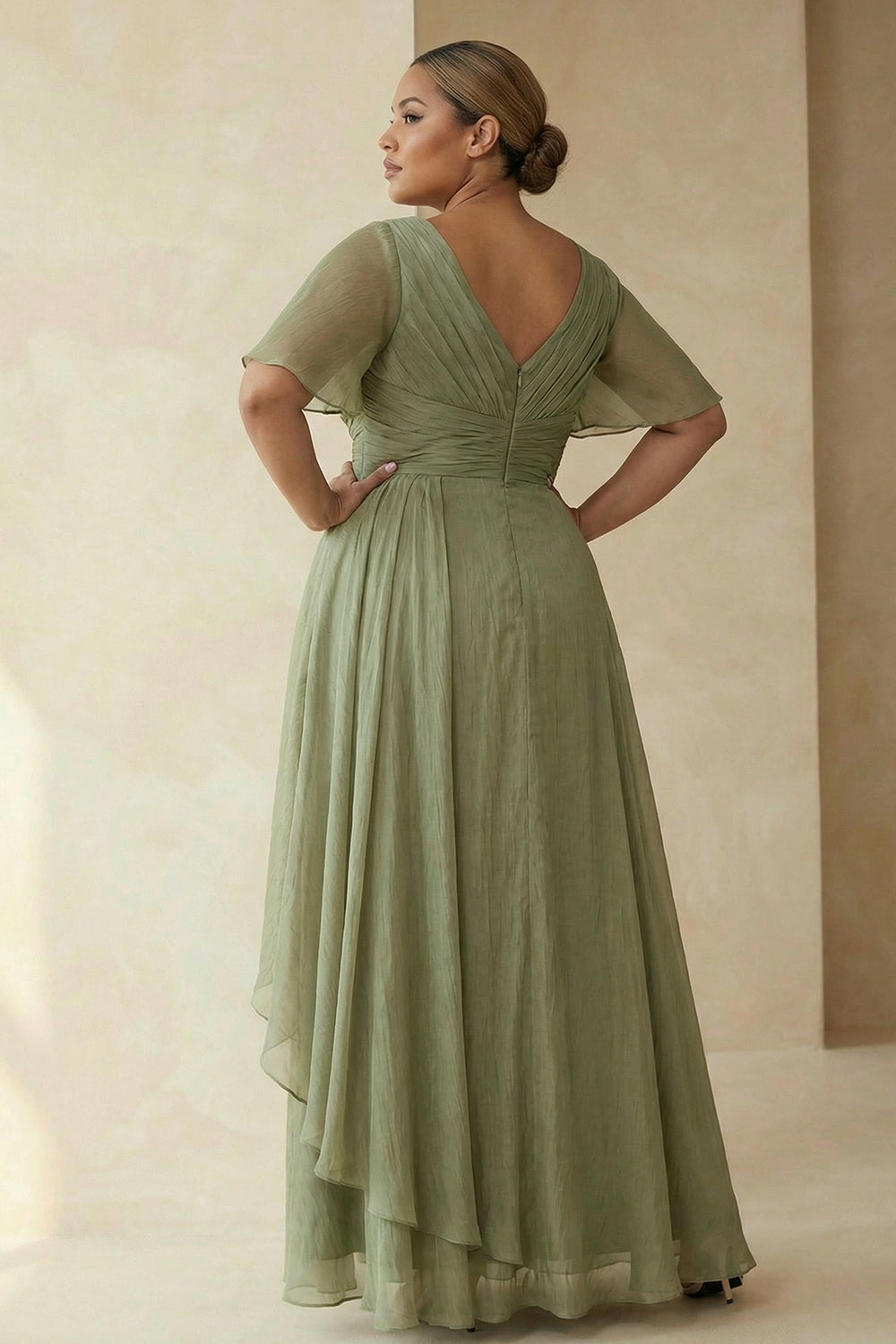 Dusty Sage A Line Long Wedding Guest Dress with Sleeves