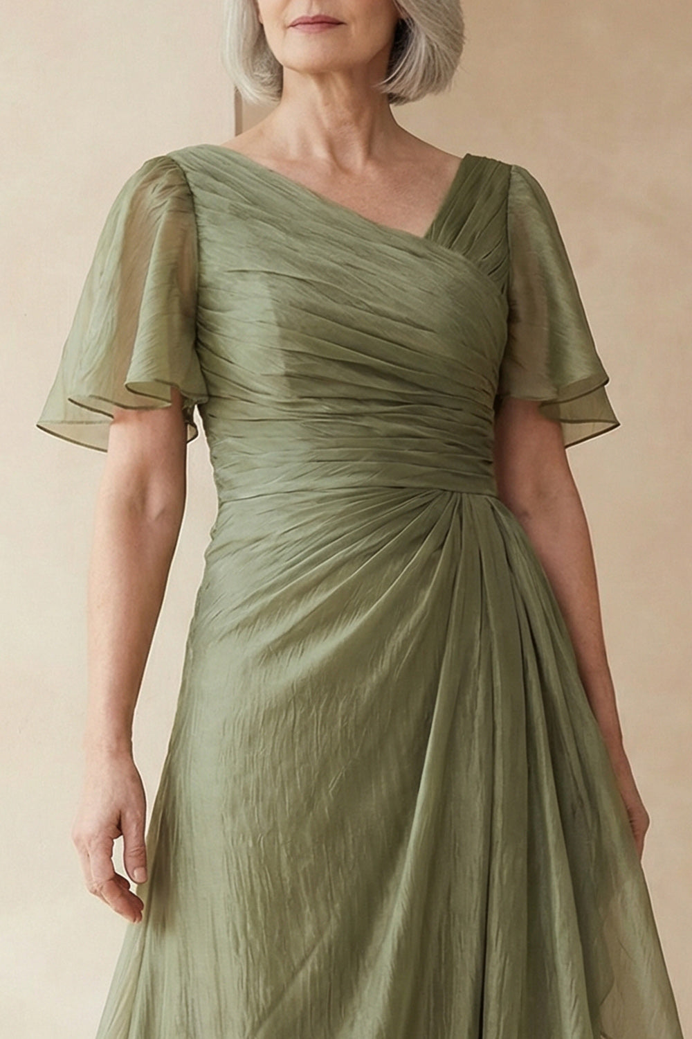 Dusty Sage A Line Long Wedding Guest Dress with Sleeves