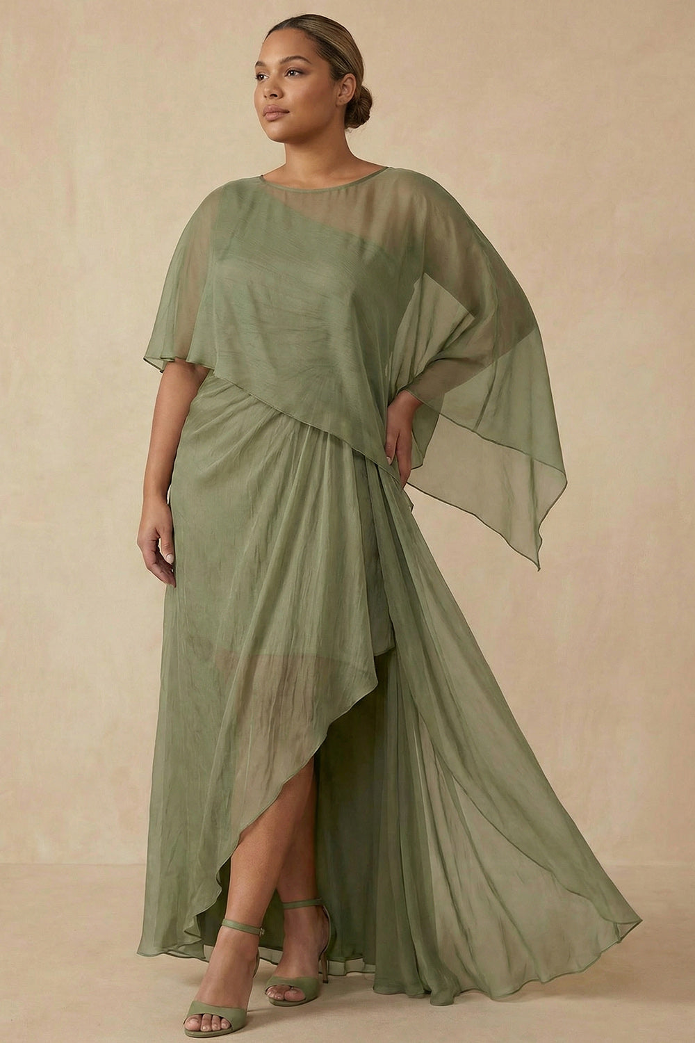 Dusty Sage Flowy A Line Long Wedding Guest Dress with Cape