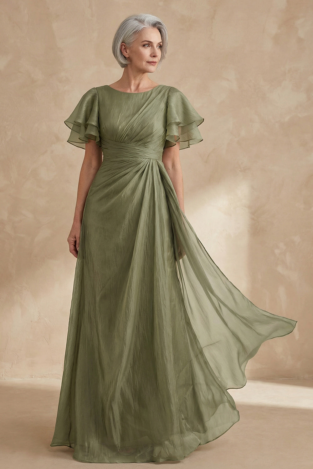 Dusty Sage Boat Neck A Line Long Wedding Guest Dress with Ruffles