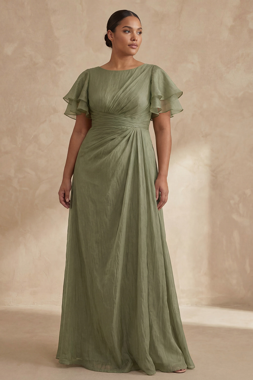 Dusty Sage Boat Neck A Line Long Wedding Guest Dress with Ruffles