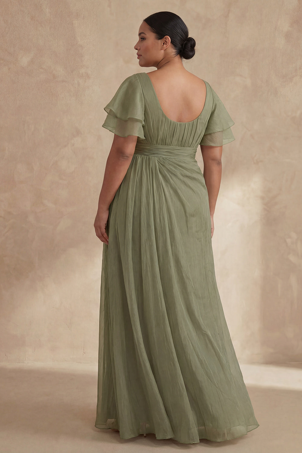 Dusty Sage Boat Neck A Line Long Wedding Guest Dress with Ruffles