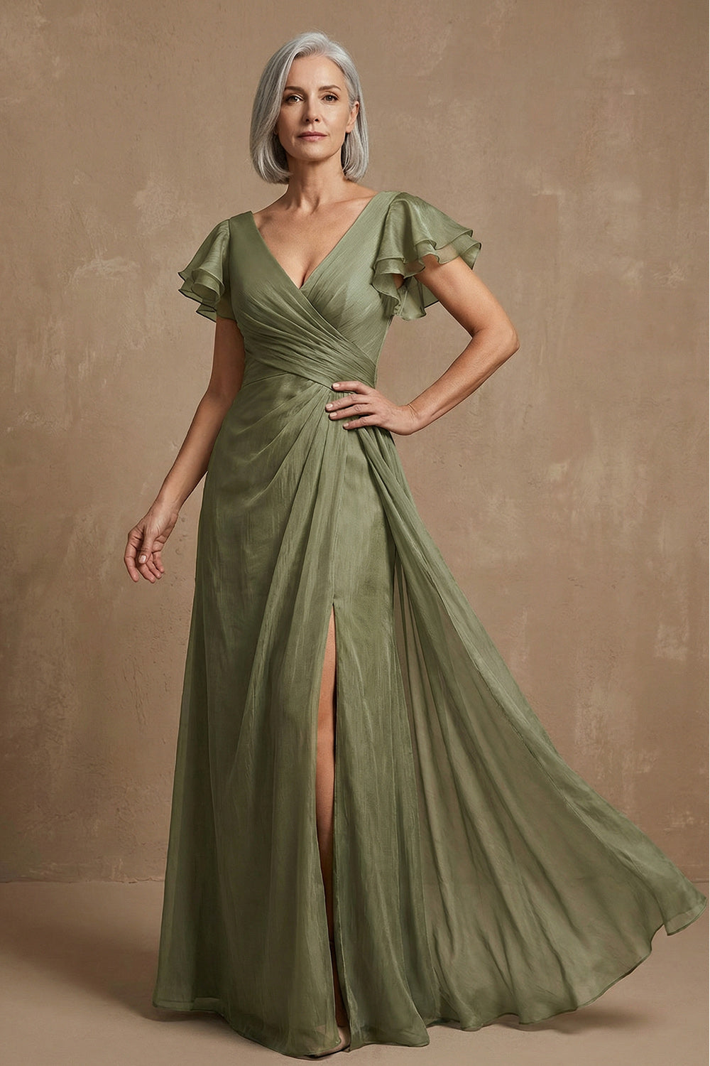 Dusty Sage A Line V Neck Long Ruffled Wedding Guest Dress with Slit