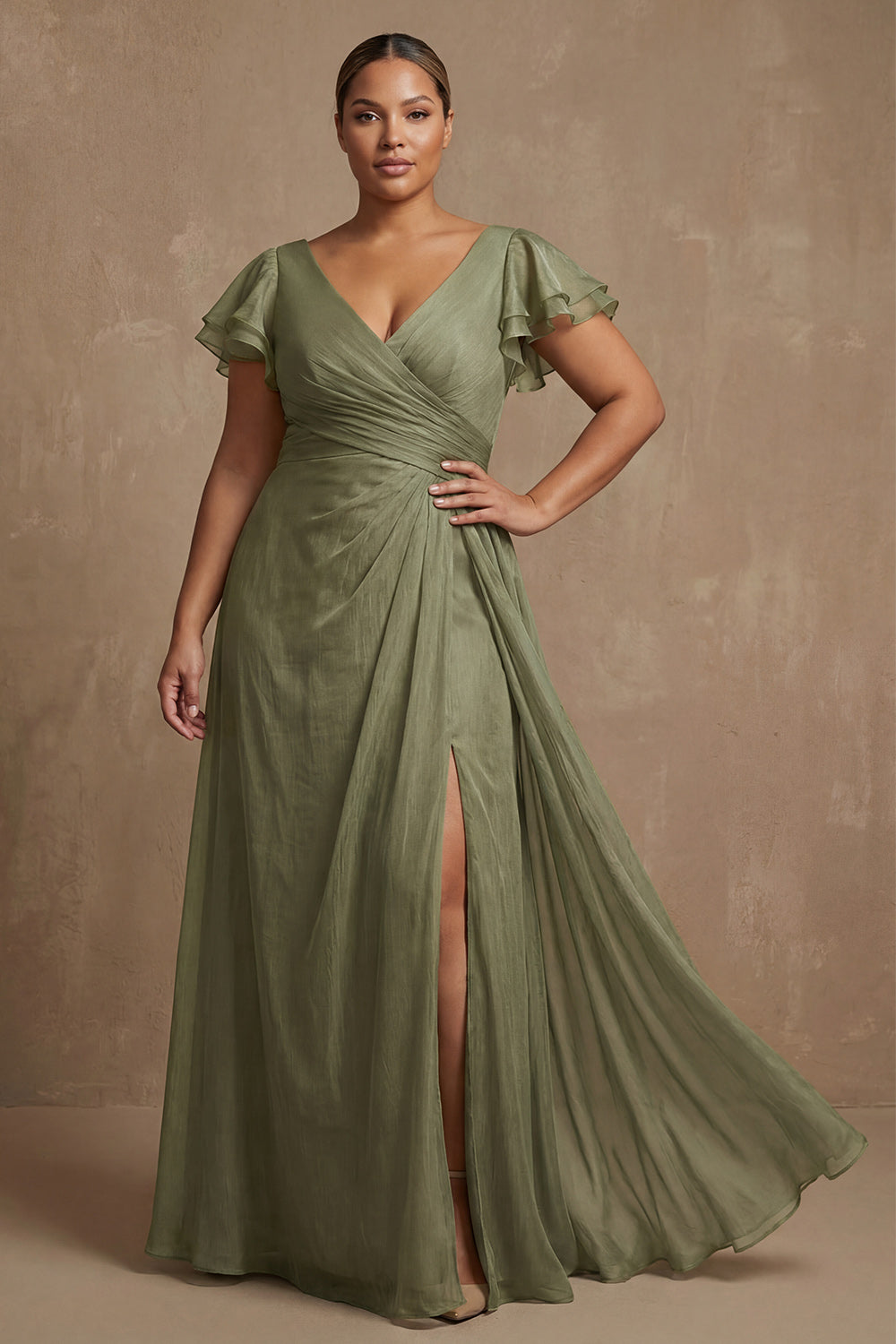 Dusty Sage A Line V Neck Long Ruffled Wedding Guest Dress with Slit