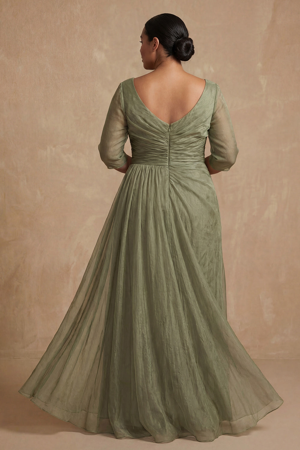 Dusty Sage A Line Bateau Neck Long Wedding Guest Dress with Sleeves