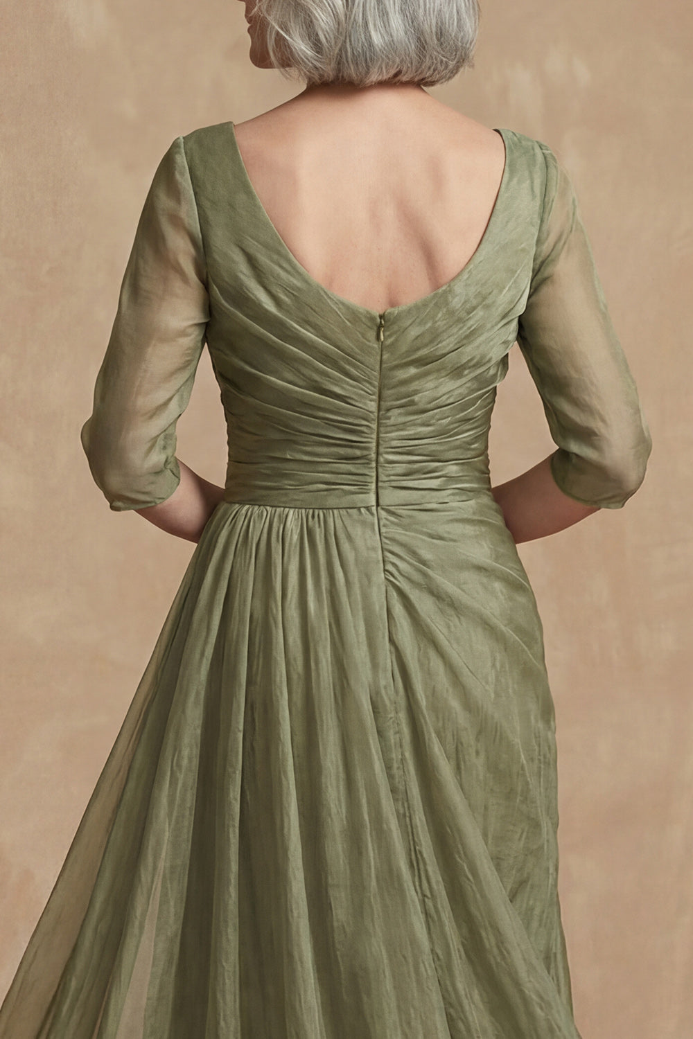 Dusty Sage A Line Bateau Neck Long Wedding Guest Dress with Sleeves