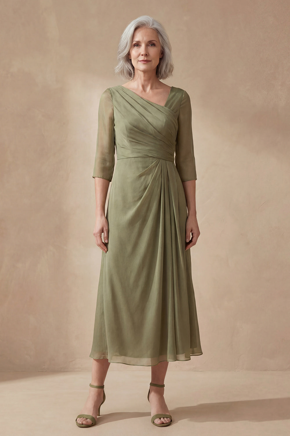 Dusty Sage Long Ruched A Line Long Wedding Guest Dress with Sleeves