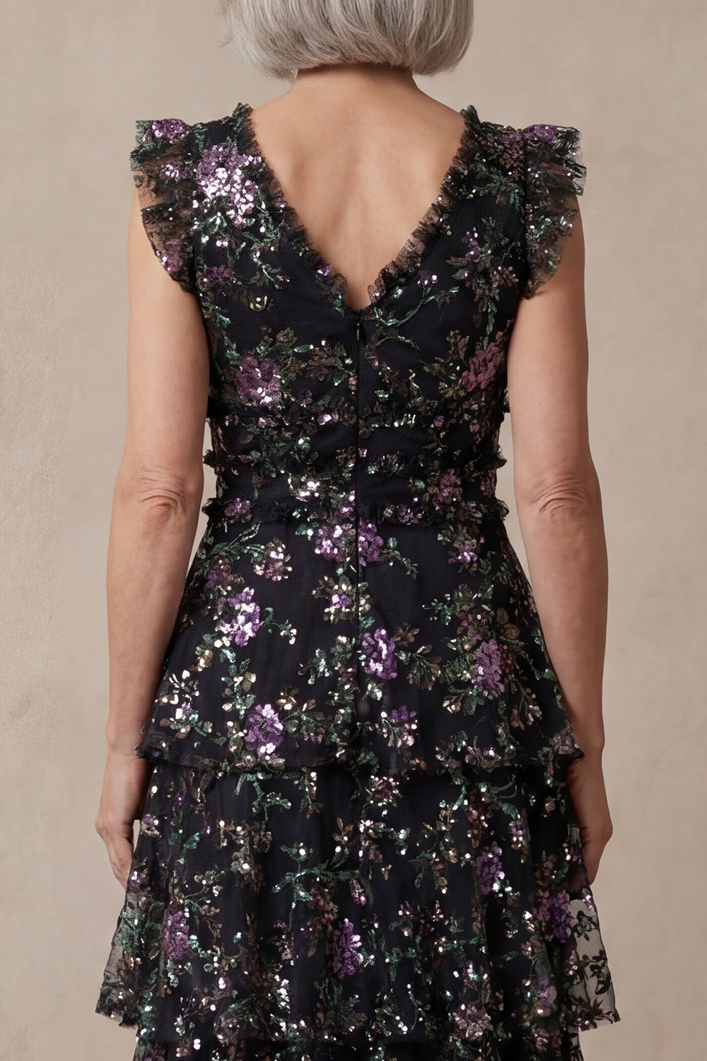 Sparkly Black Floral Sequin V Neck Tiered Long A Line Wedding Guest Dress with Ruffles