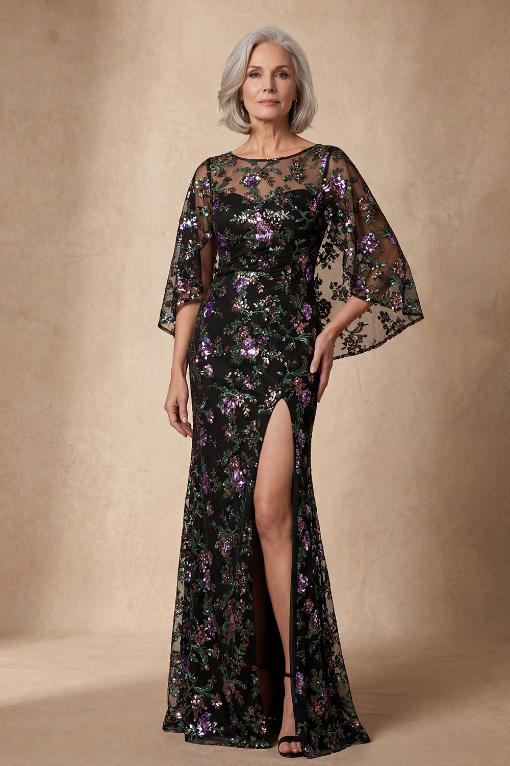 Sparkly Black Sequin Mermaid Floral Long Wedding Guest Dress with Slit