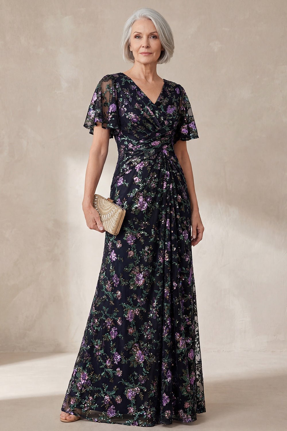 Sparkly Floral Black V Neck A Line Long Wedding Guest Dress