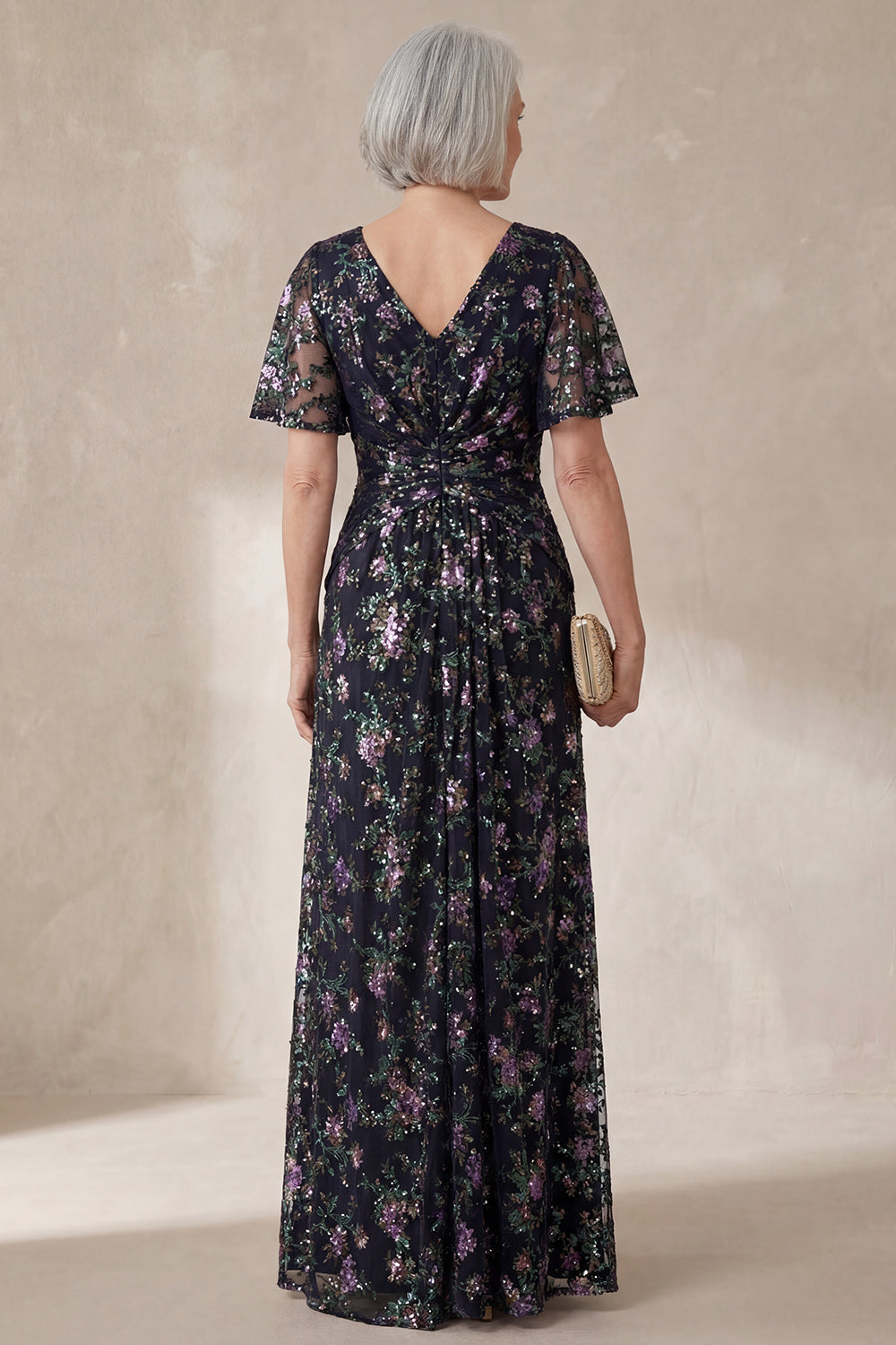 Sparkly Floral Black V Neck A Line Long Wedding Guest Dress