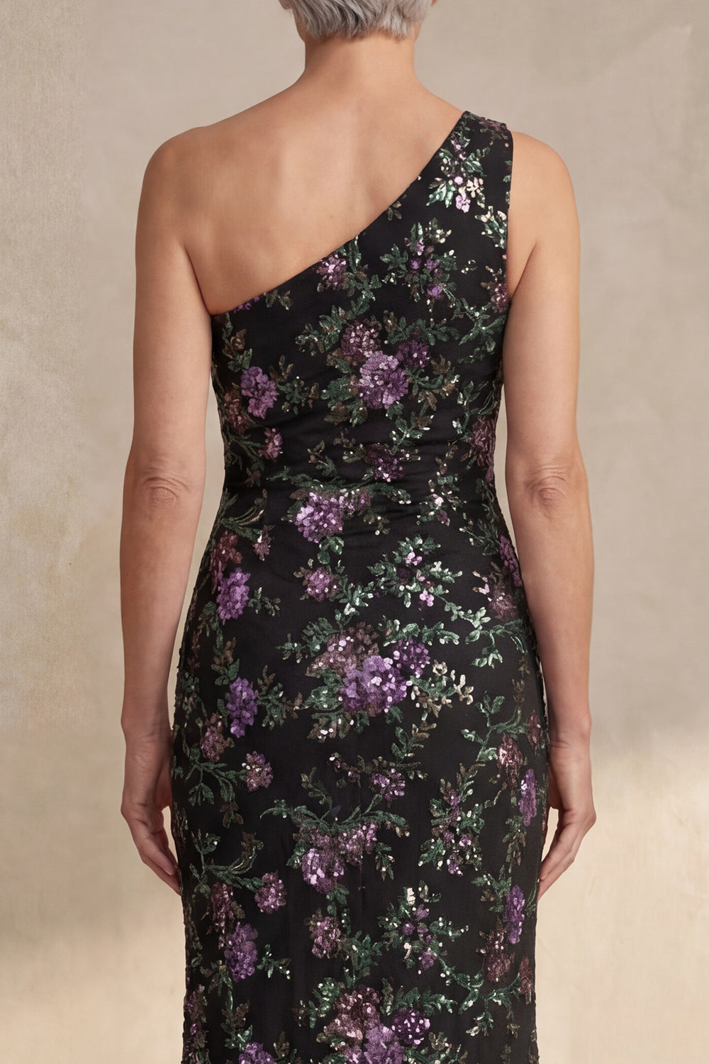 Sparkly Black One Shoulder Sequin Floral Long Mermaid Wedding Guest Dress with Slit