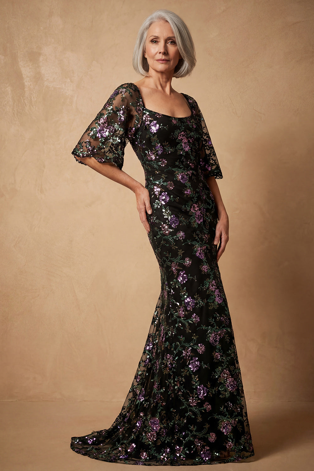 Sparkly Black Square Neck Floral Long Mermaid Wedding Guest Dress with Sleeves