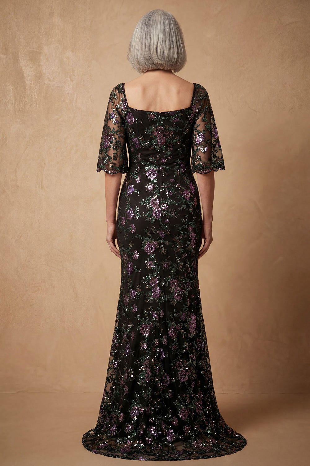 Sparkly Black Square Neck Floral Long Mermaid Wedding Guest Dress with Sleeves