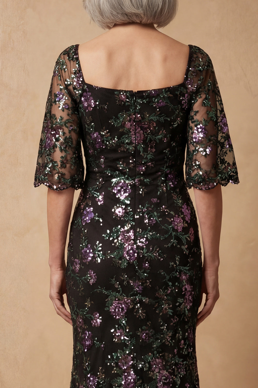 Sparkly Black Square Neck Floral Long Mermaid Wedding Guest Dress with Sleeves