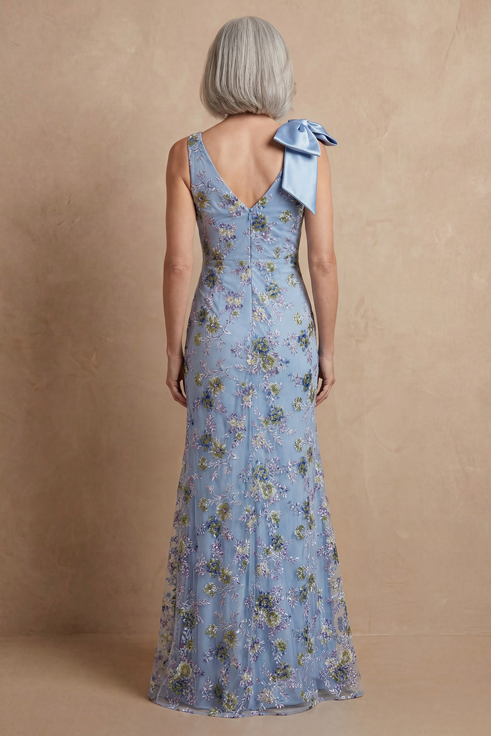 Blue Floral Mermaid Long Wedding Guest Dress with Bow