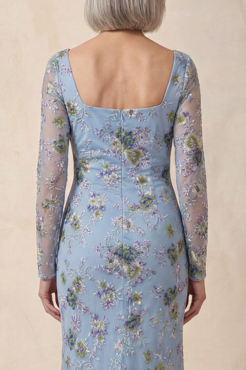 Blue Scoop Neck Mermaid Long Floral Wedding Guest Dress with Slit