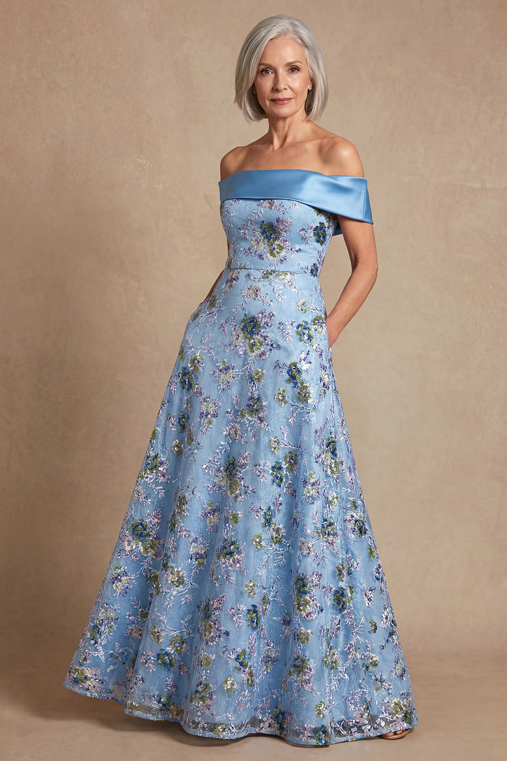 Blue Off the Shoulder A Line Long Floral Wedding Guest Dress