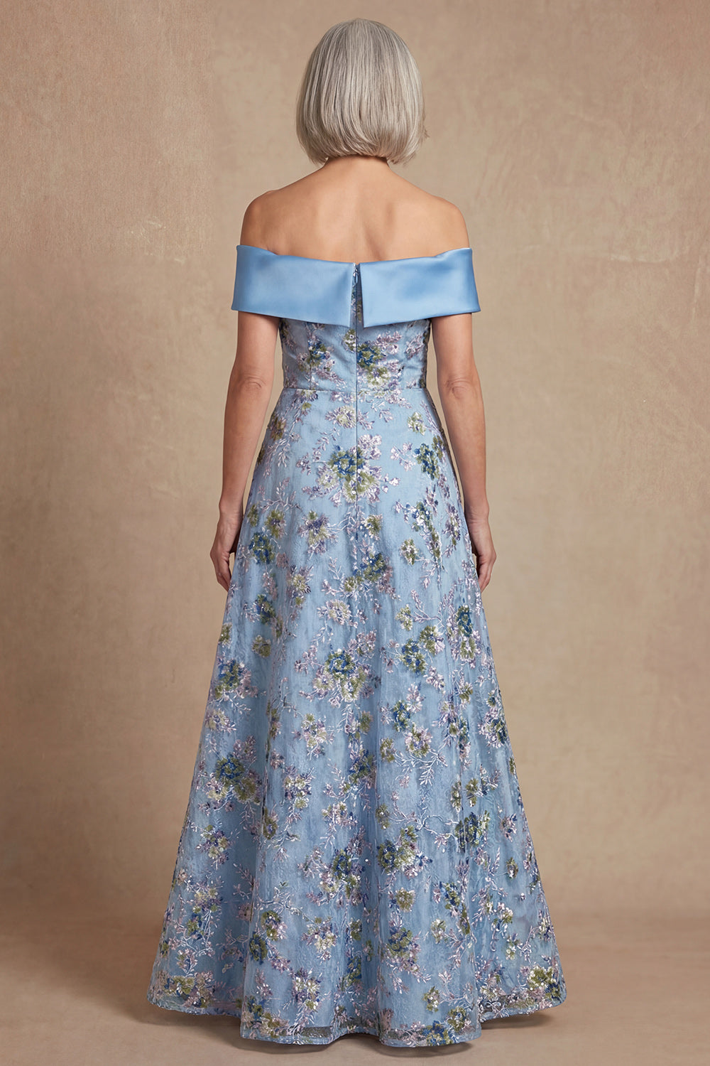 Blue Off the Shoulder A Line Long Floral Wedding Guest Dress