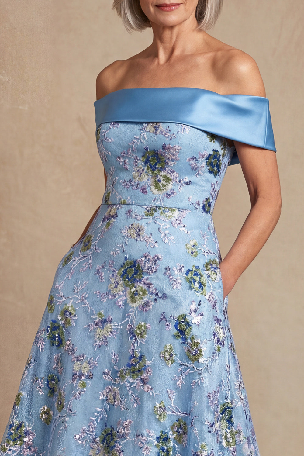 Blue Off the Shoulder A Line Long Floral Wedding Guest Dress