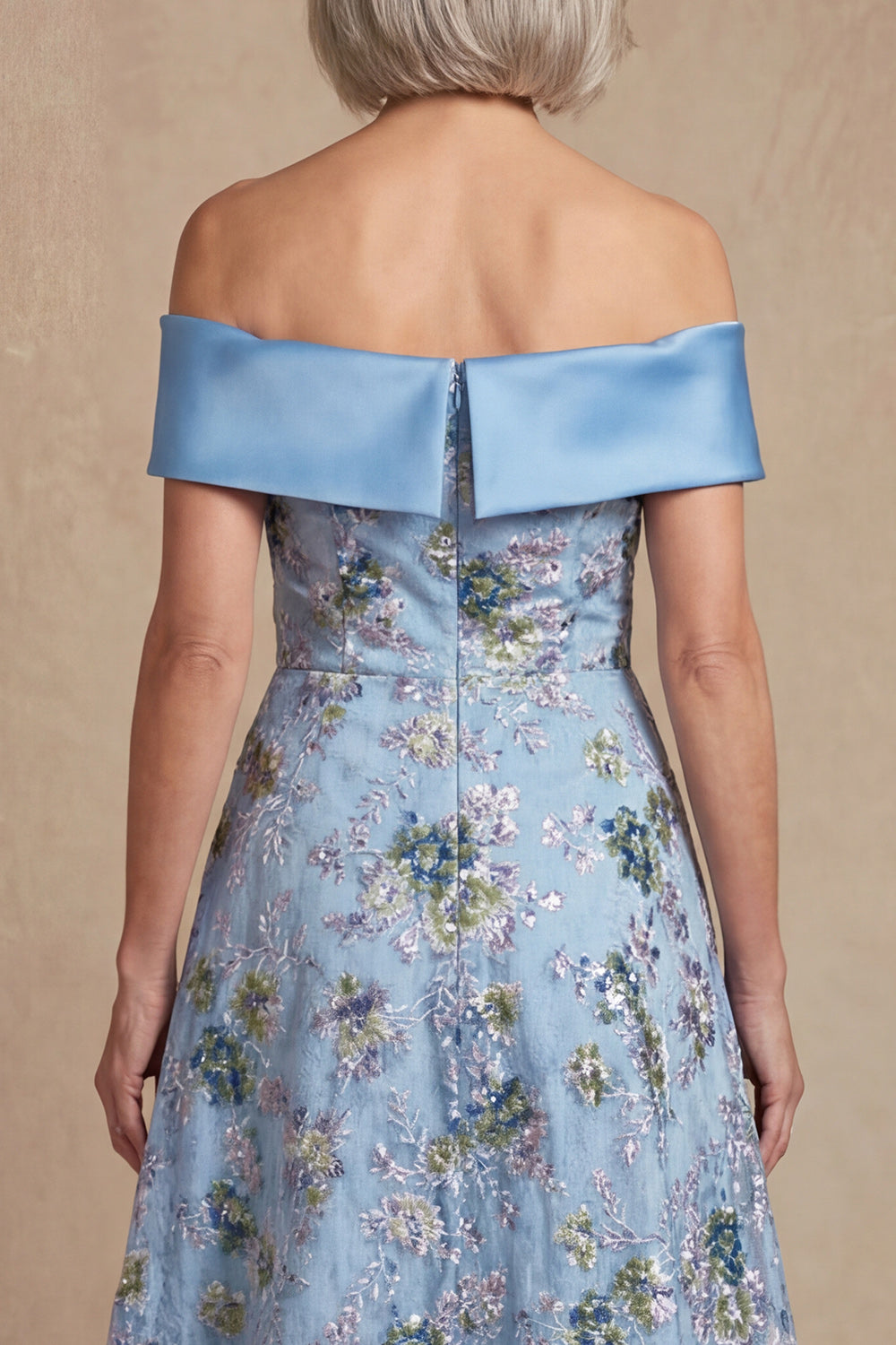 Blue Off the Shoulder A Line Long Floral Wedding Guest Dress