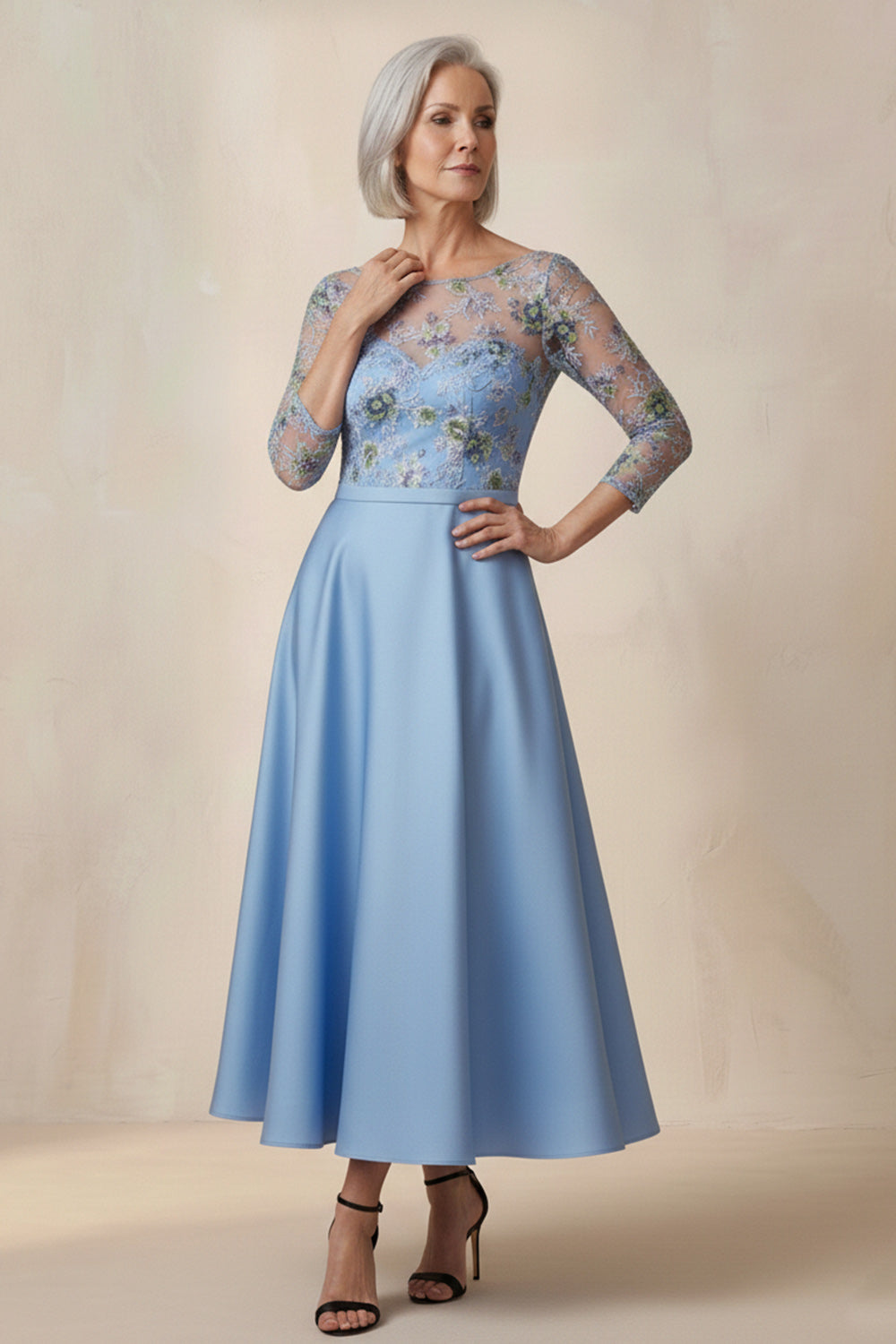 Blue Floral A Line Round Neck Long Wedding Guest Dress