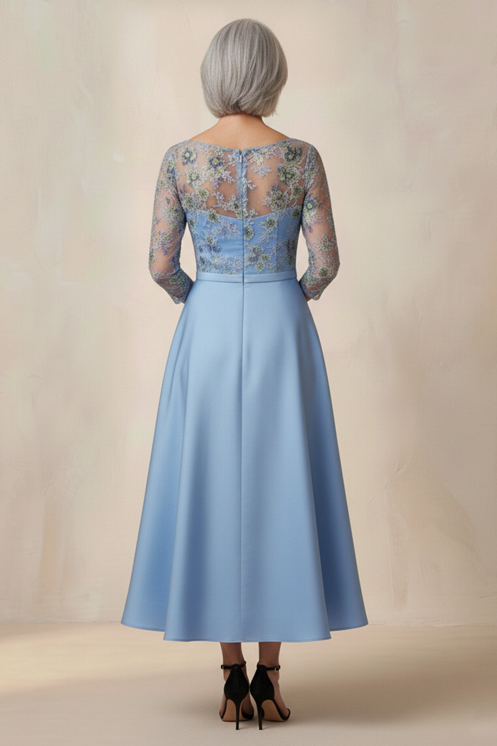 Blue Floral A Line Round Neck Long Wedding Guest Dress