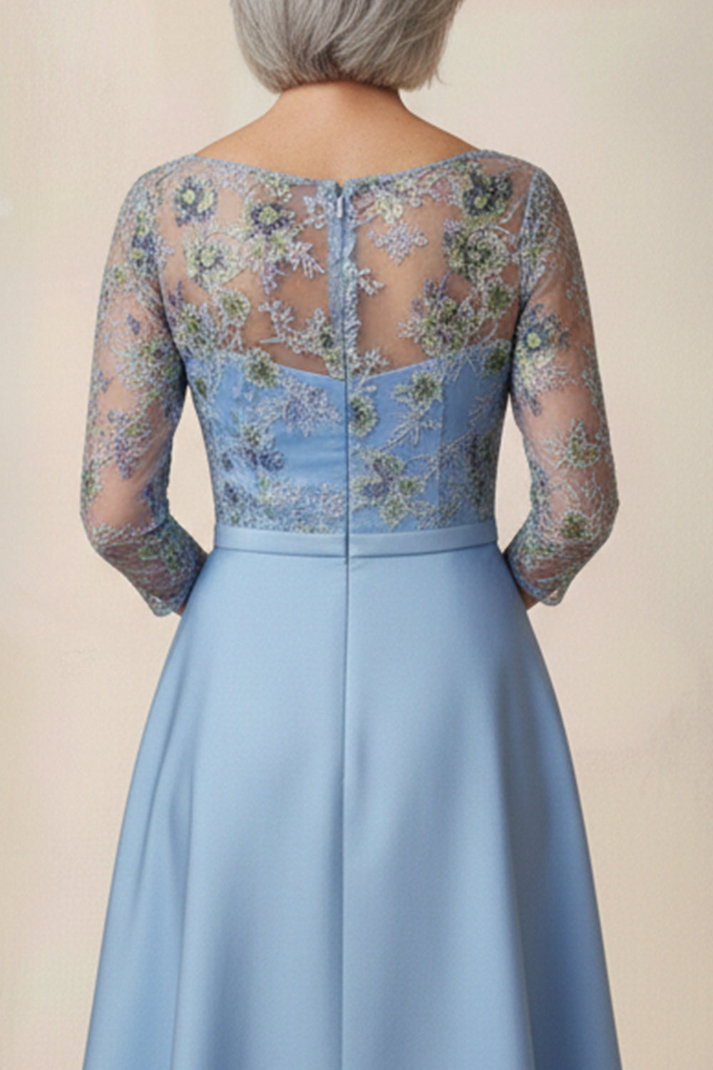 Blue Floral A Line Round Neck Long Wedding Guest Dress