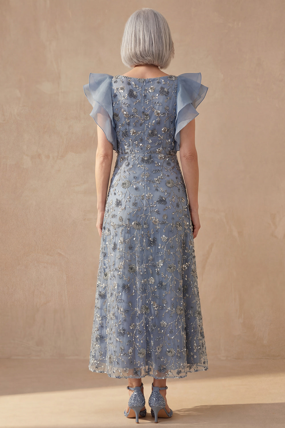 Twilight A Line V Neck Long Floral Wedding Guest Dress with Ruffles