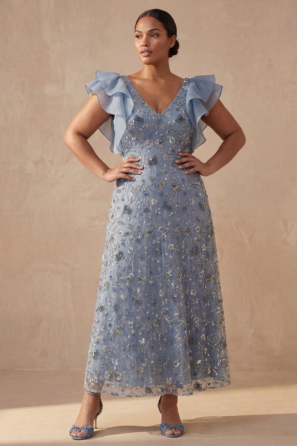 Twilight A Line V Neck Long Floral Wedding Guest Dress with Ruffles