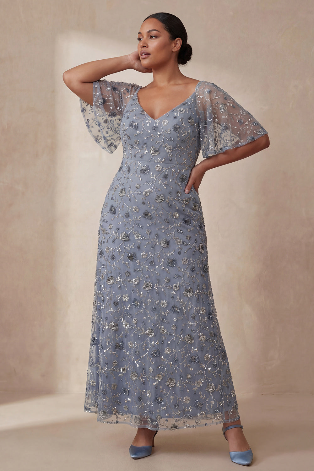 Twilight Floral V Neck A Line Long Wedding Guest Dress