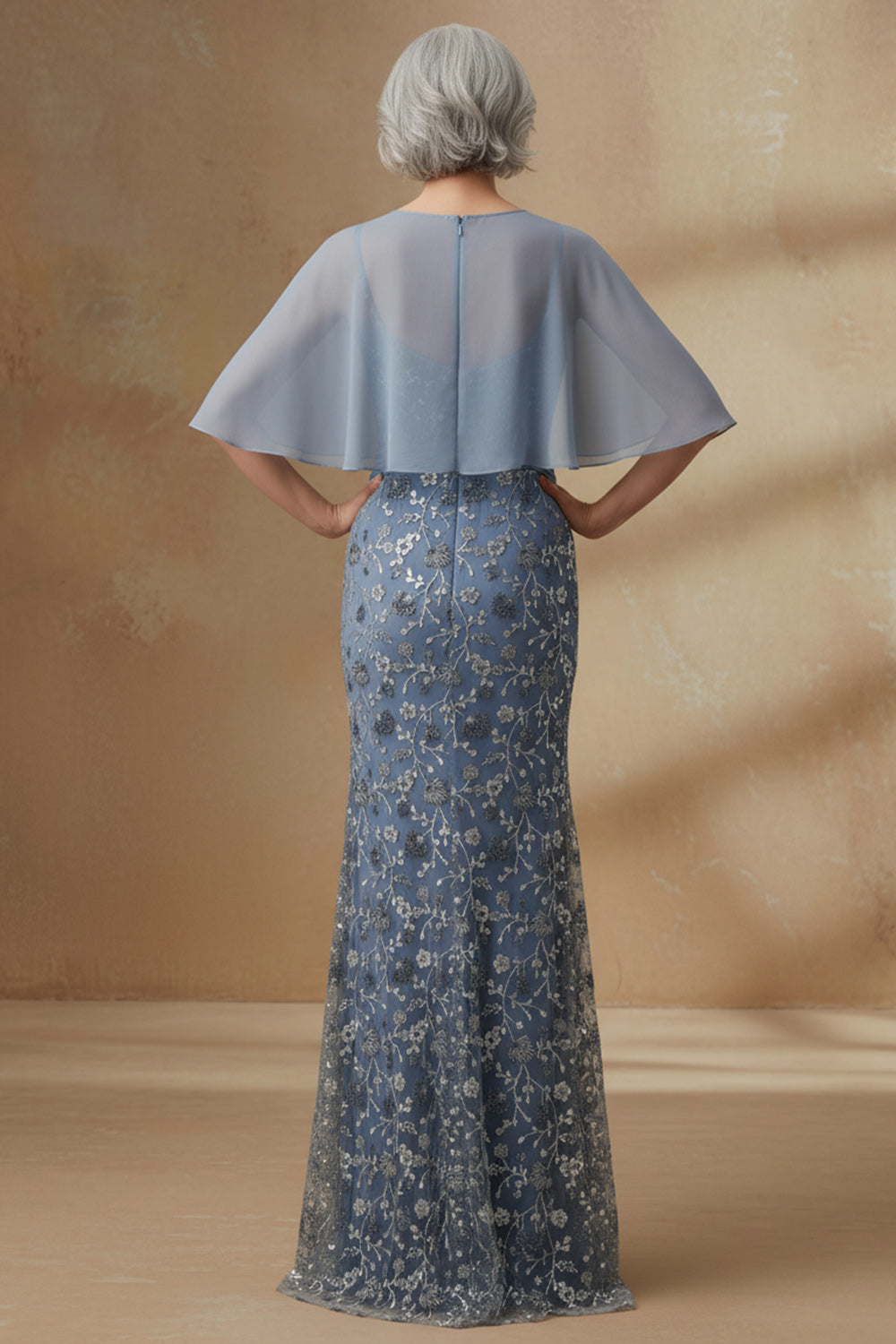 Twilight Spaghetti Straps Mermaid Long Floral Wedding Guest Dress with Cape