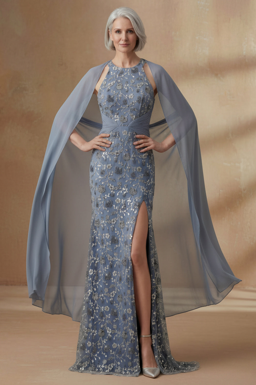 Mermaid Twilight Round Neck Floral Long Wedding Guest Dress with Cape