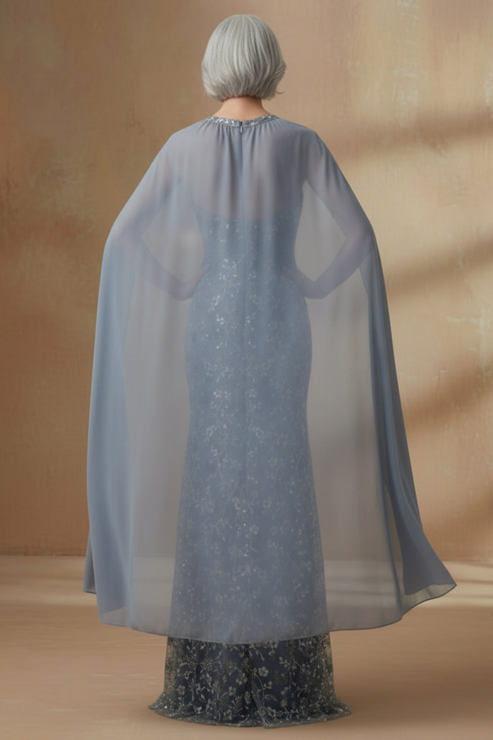 Mermaid Twilight Round Neck Floral Long Wedding Guest Dress with Cape