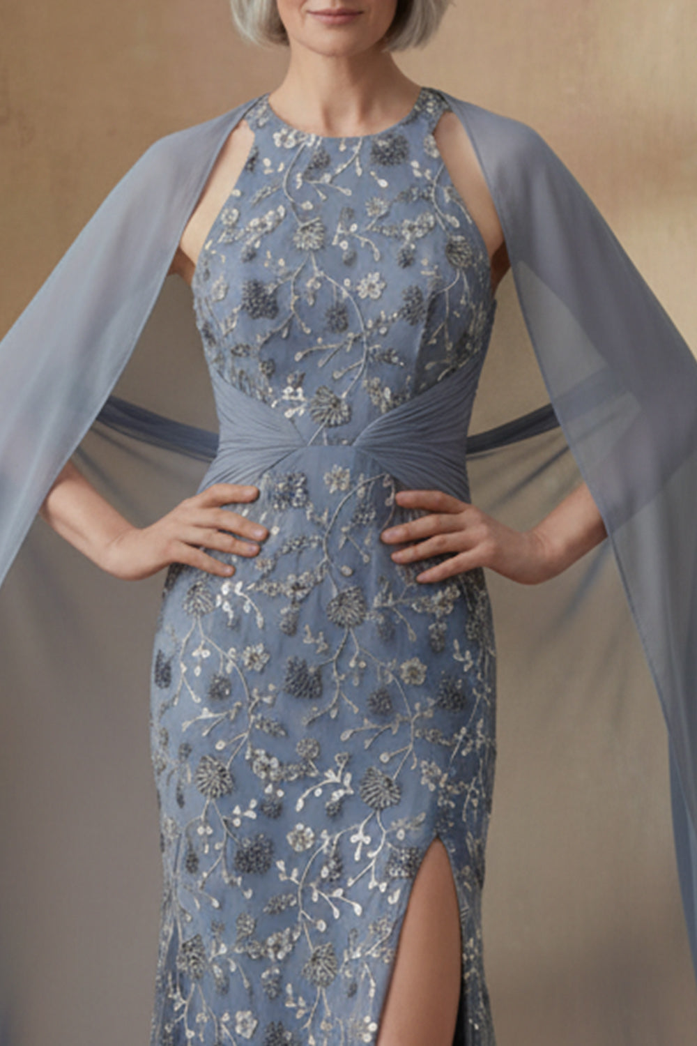 Mermaid Twilight Round Neck Floral Long Wedding Guest Dress with Cape