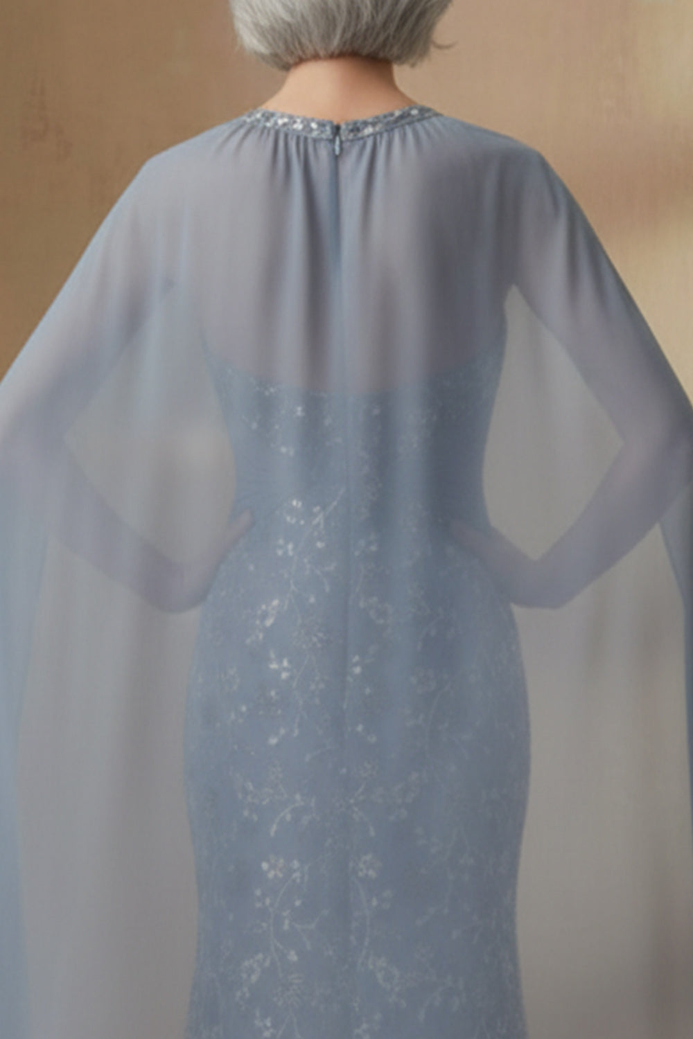 Mermaid Twilight Round Neck Floral Long Wedding Guest Dress with Cape
