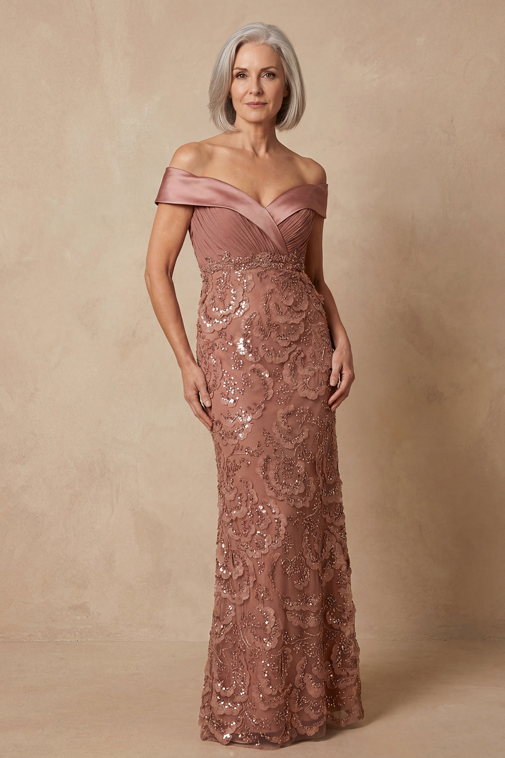 Sparkly Desert Rose Beaded Off the Shoulder Long Mermaid Wedding Guest Dress