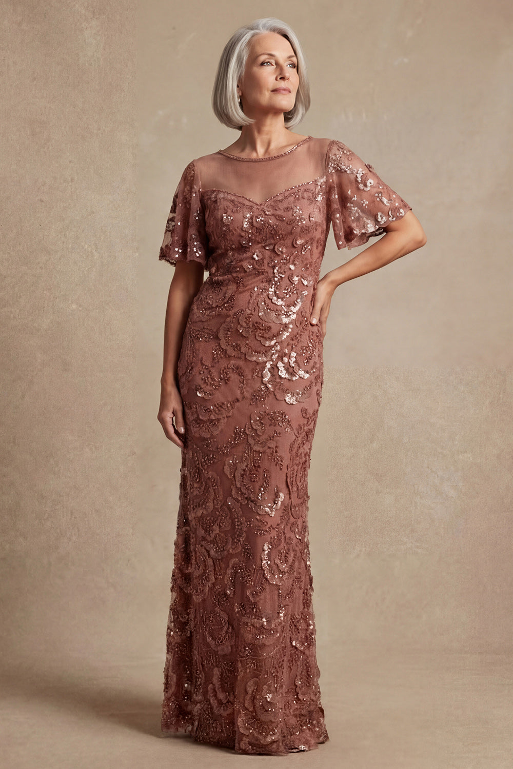 Sparkly Desert Rose Boat Neck Beaded Long Wedding Guest Dress with Lace