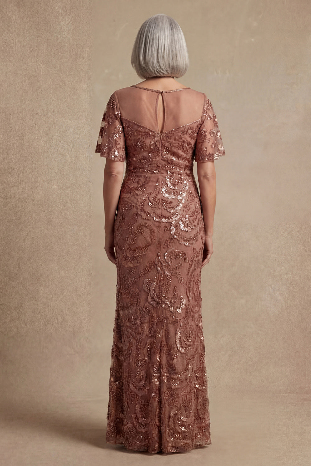 Sparkly Desert Rose Boat Neck Beaded Long Wedding Guest Dress with Lace