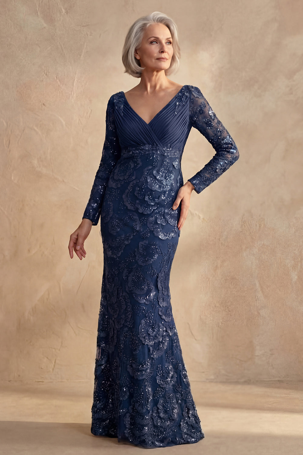 Floral Navy V Neck Beaded Long Wedding Guest Dress with Sleeves