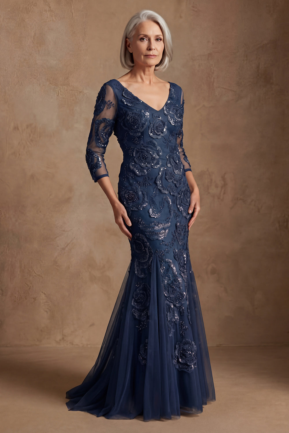 Floral Navy Lace Mermaid Long Beaded Wedding Guest Dress with Sleeves