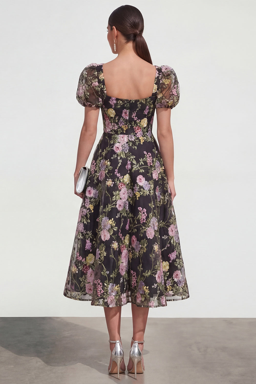 Black Pink A Line Floral Puff Sleeves Maxi Wedding Guest Dress