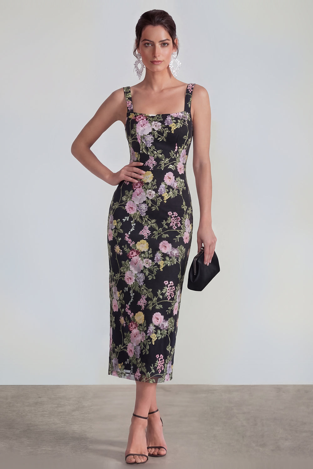 Black Pink Flower Sheath Square Neck Maxi Wedding Guest Dress