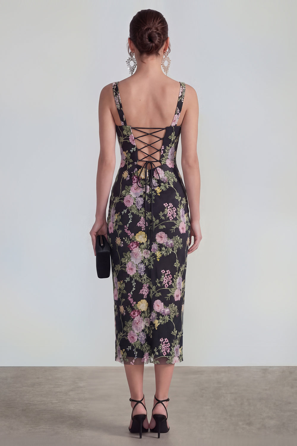 Black Pink Flower Sheath Square Neck Maxi Wedding Guest Dress