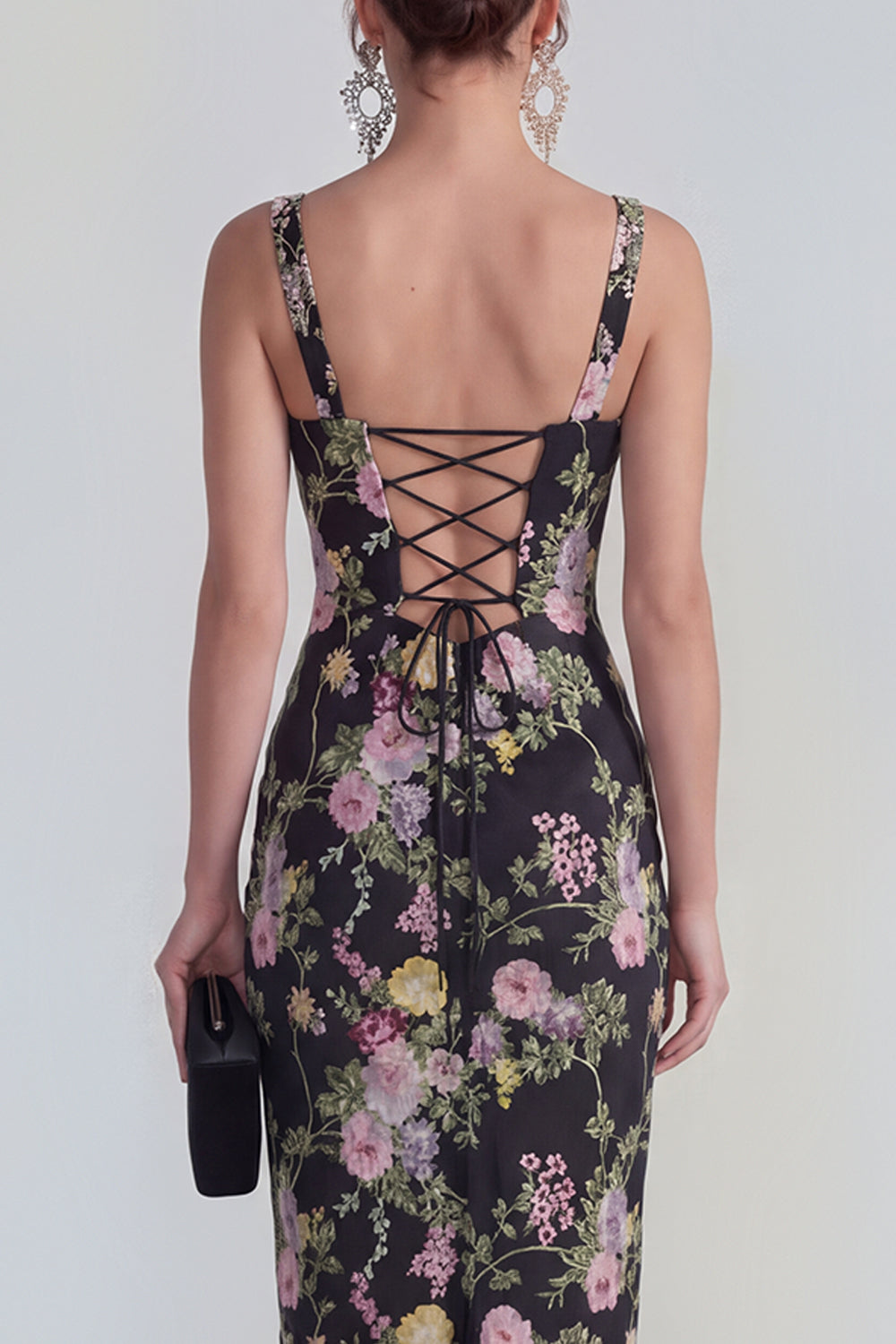 Black Pink Flower Sheath Square Neck Maxi Wedding Guest Dress