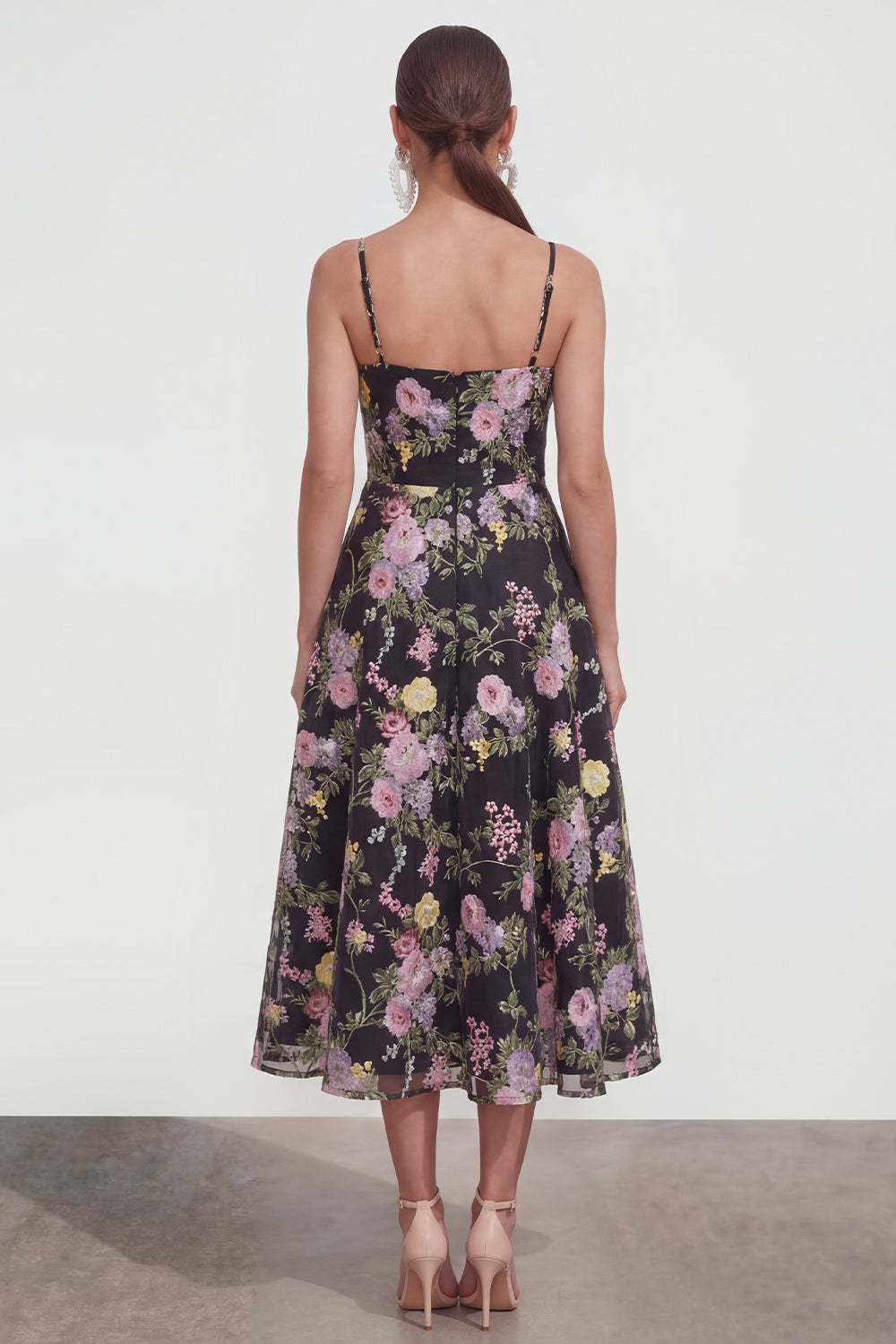 Black Pink Flower Spaghetti Straps A Line Maxi Wedding Guest Dress