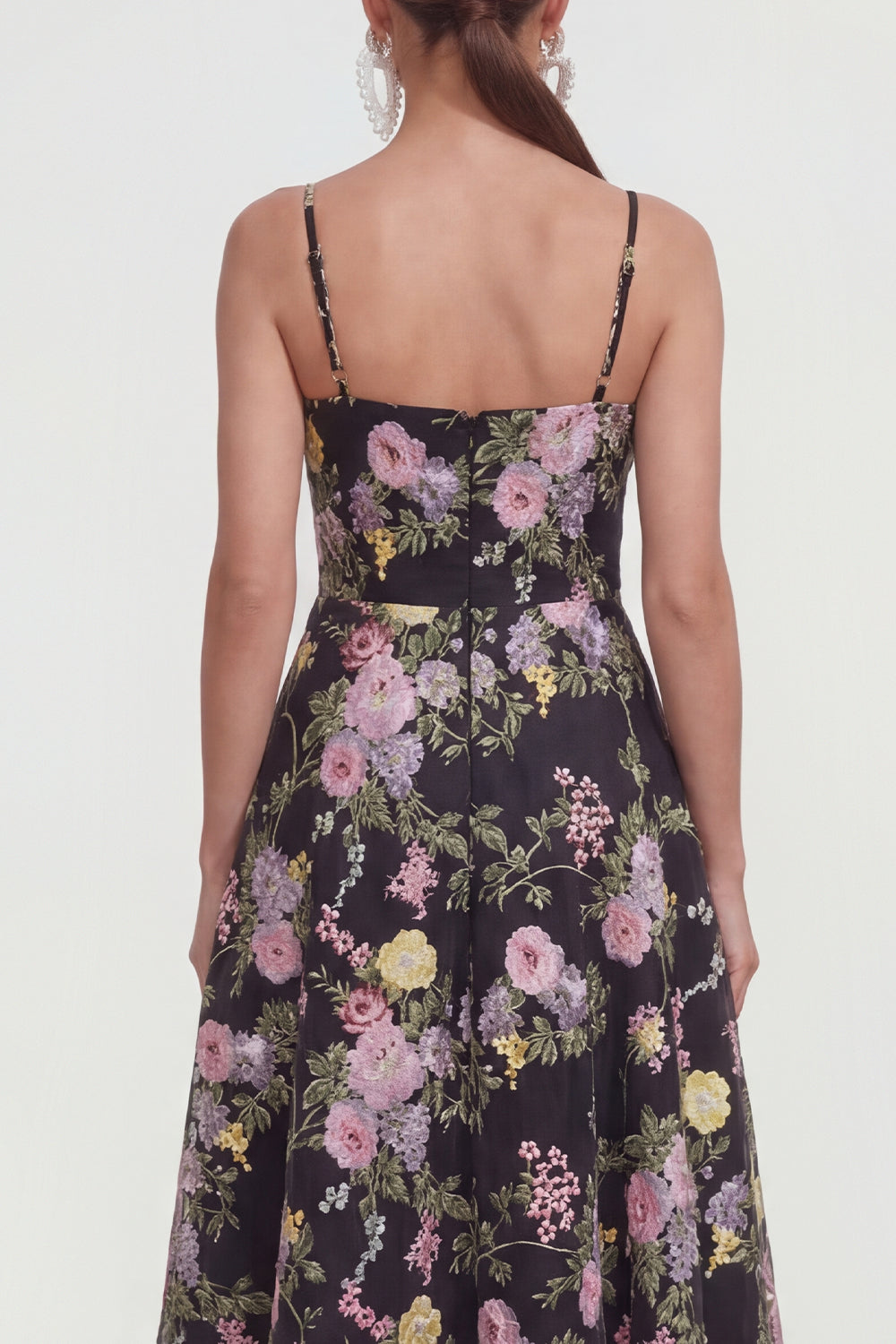 Black Pink Flower Spaghetti Straps A Line Maxi Wedding Guest Dress