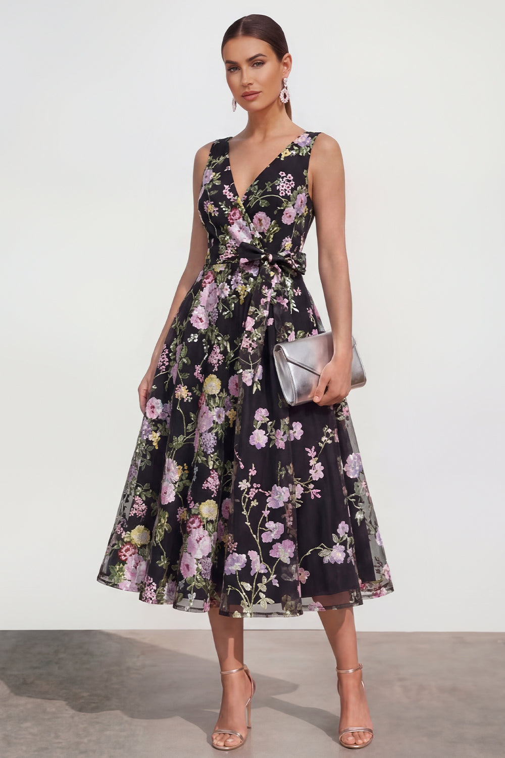 Black Pink Flower A Line V Neck Long Wedding Guest Dress with Bow