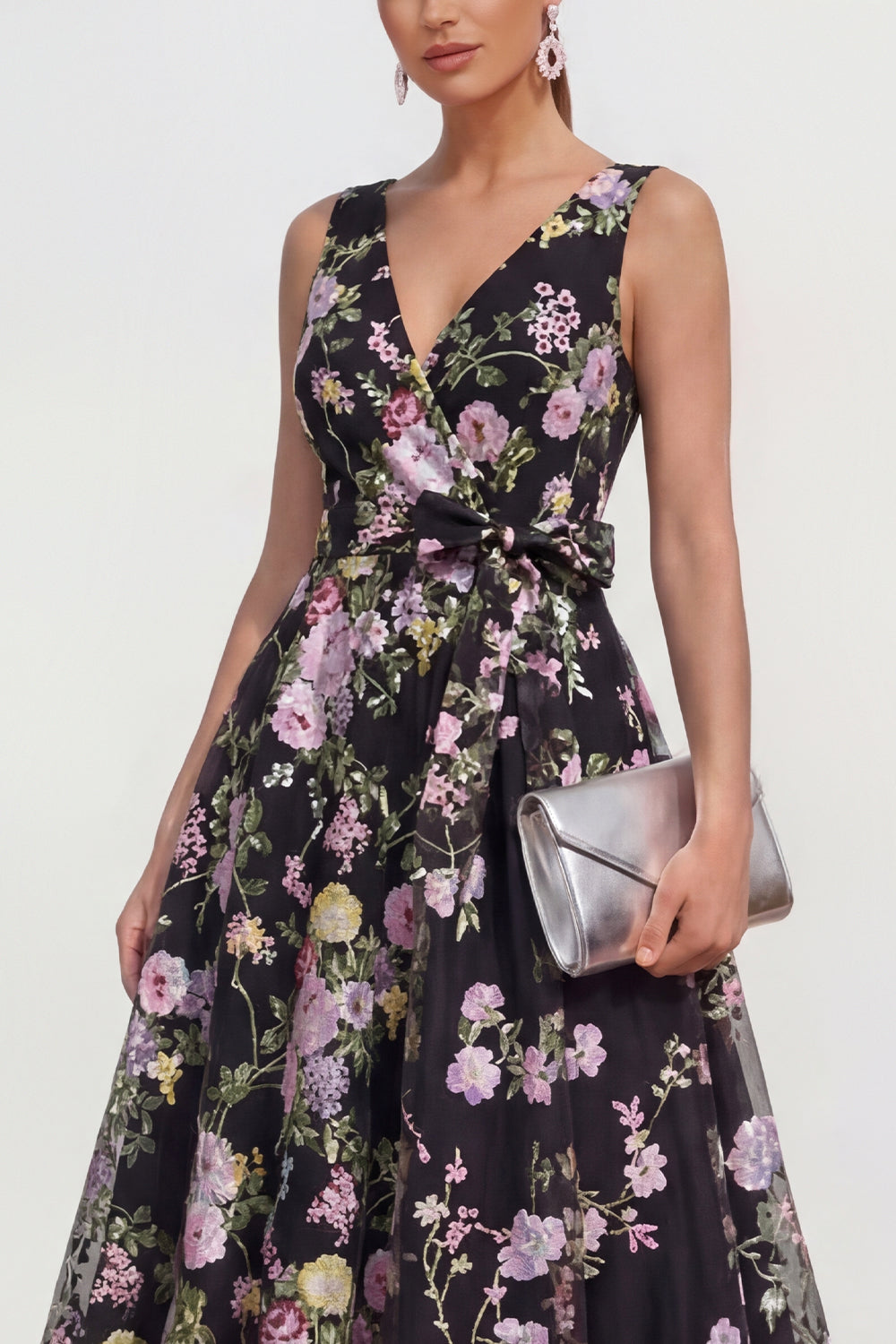 Black Pink Flower A Line V Neck Long Wedding Guest Dress with Bow